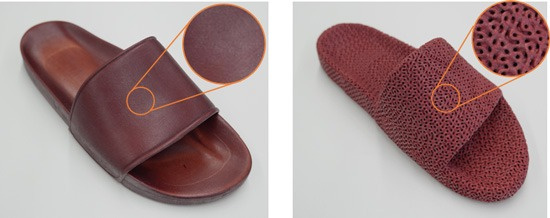 Fig 2. Solid structure (left) and lattice structure (right); approximately 15% lighter | All were printed using our full-color 3D printer