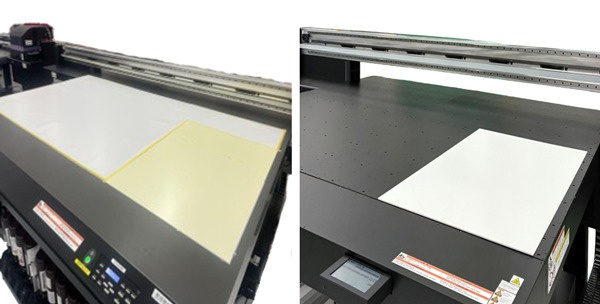 Fig. 1: Left: Table of a conventional machine (masked) / Right: JFX220-2515 equipped with ANCHOR TECHNOLOGY