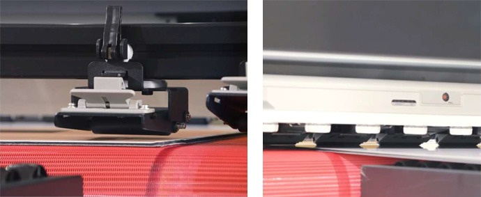 Figure 3: Lock roller units installed in the front and back of the belt transport system. Left: Power lock roller / Right: Rear lock roller