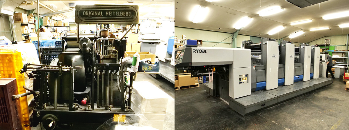 Heidelberg letterpress and Ryobi sheet-fed offset press, both still in operation.