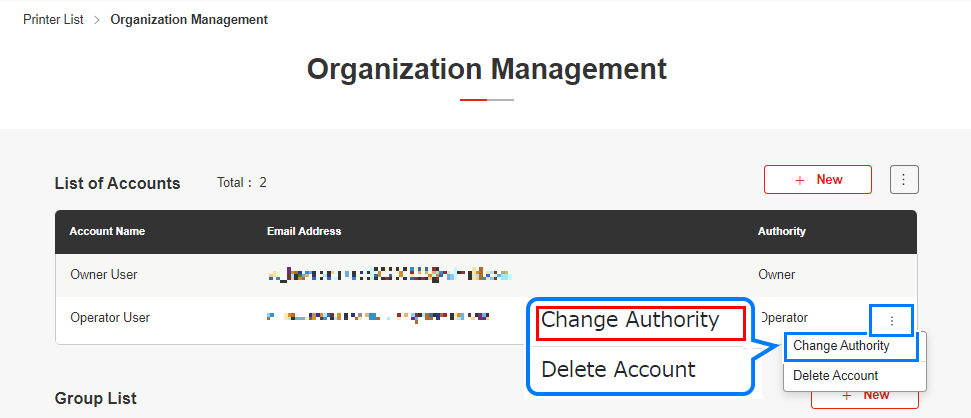 Change Account Authorty window