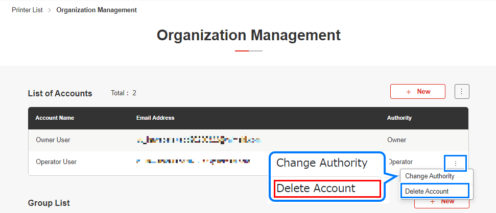 Delete Account window