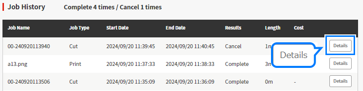Print history details selection window