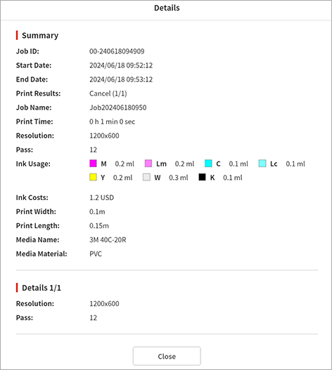 Print history details window