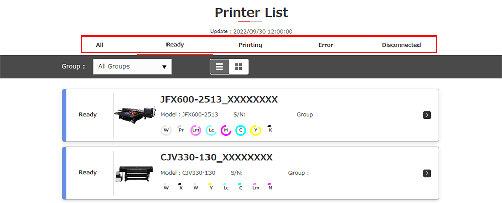 Window listing printers by status