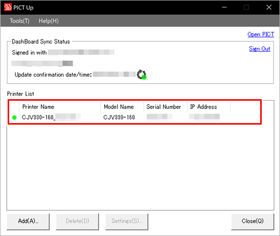 Printer list window after adding a printer