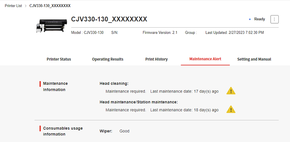 Maintenance history display window