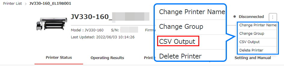 CSV download screen of operation performance data