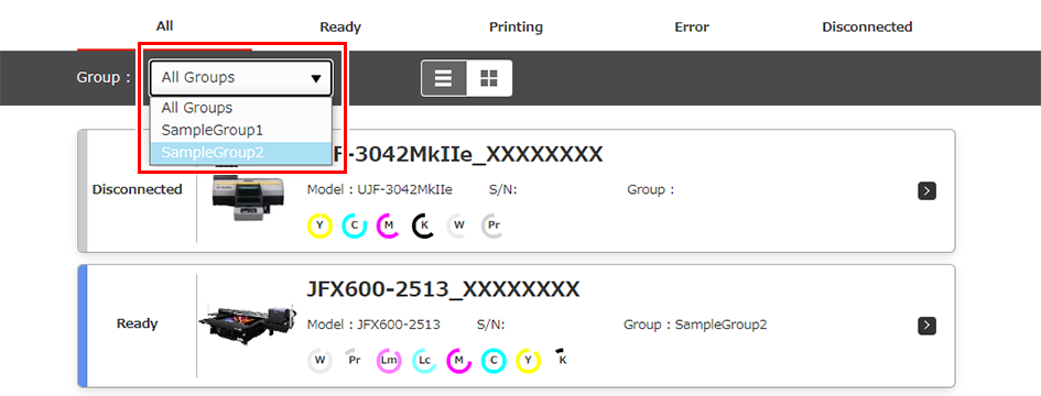 Screen to select any group in the printer list