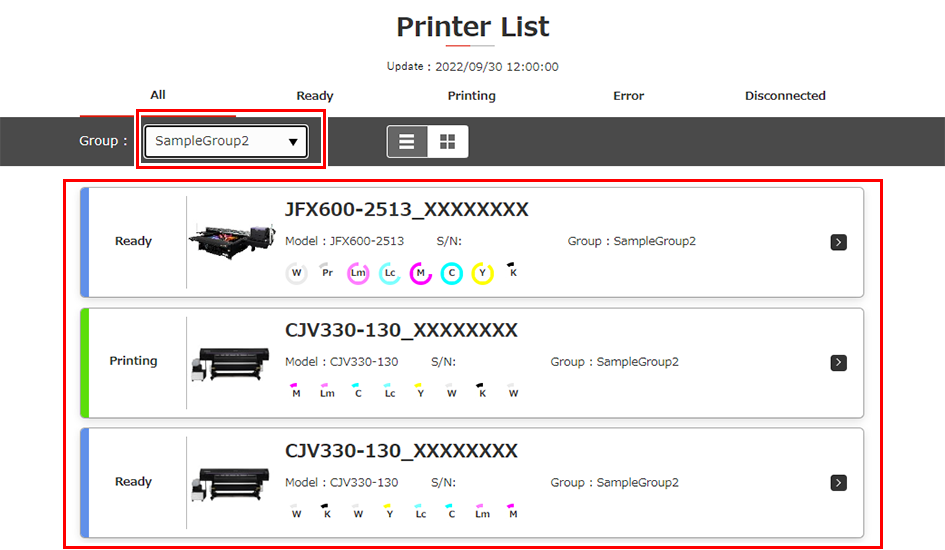 List view of only printers belonging to the selected group