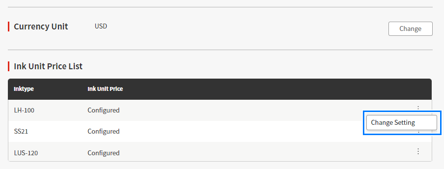Ink unit price setting screen