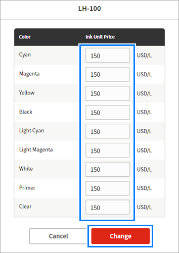 Ink unit price setting dialog
