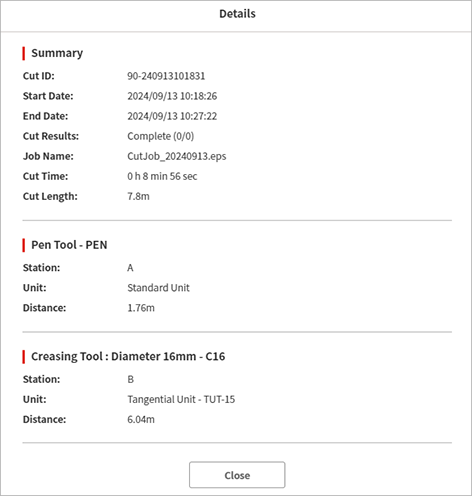 Cut History Detail Screen