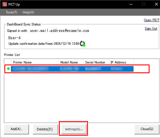 Printer selection screen for registering to PICT