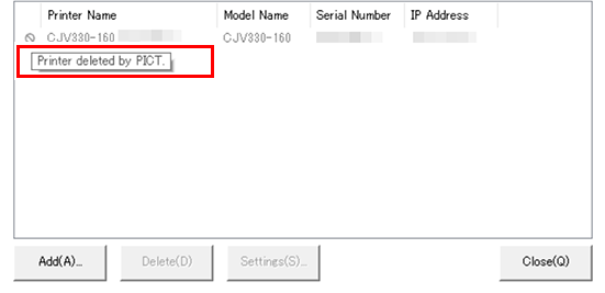 Message that the printer has already been deleted by PICT