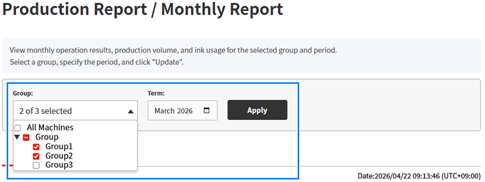 The screen for selecting groups and periods in the production volume report