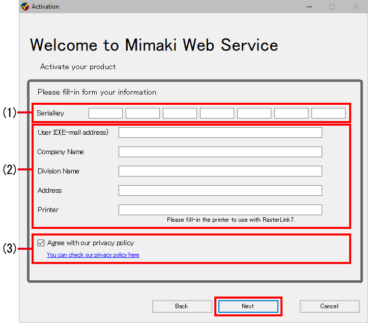 Enter the serial key and other items of the license authentication