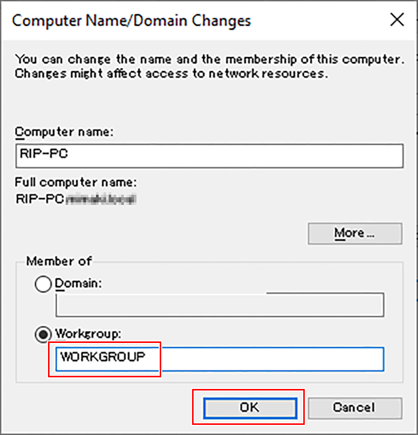 Change computer name/domain name screen