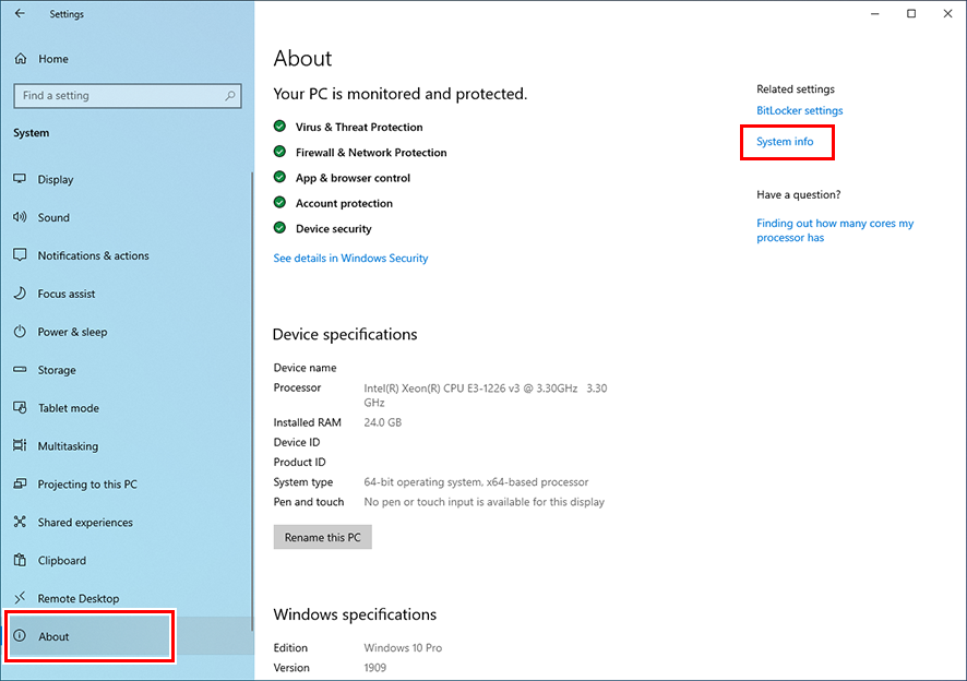 System screen from Windows Settings