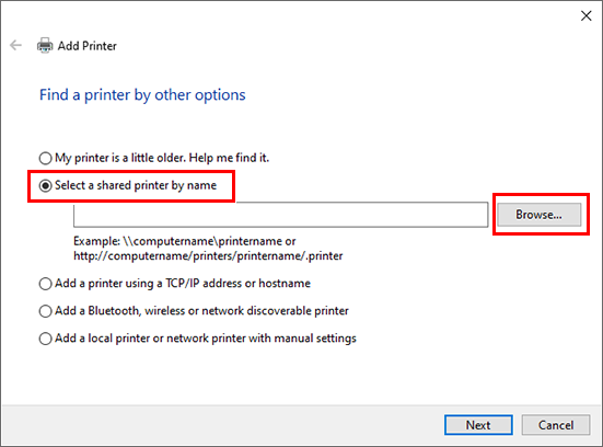 The screen that appears after clicking "Printer is not listed".