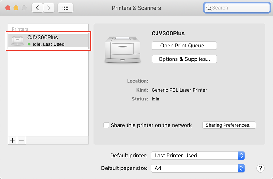 Print and Scanner screen showing the selected printer