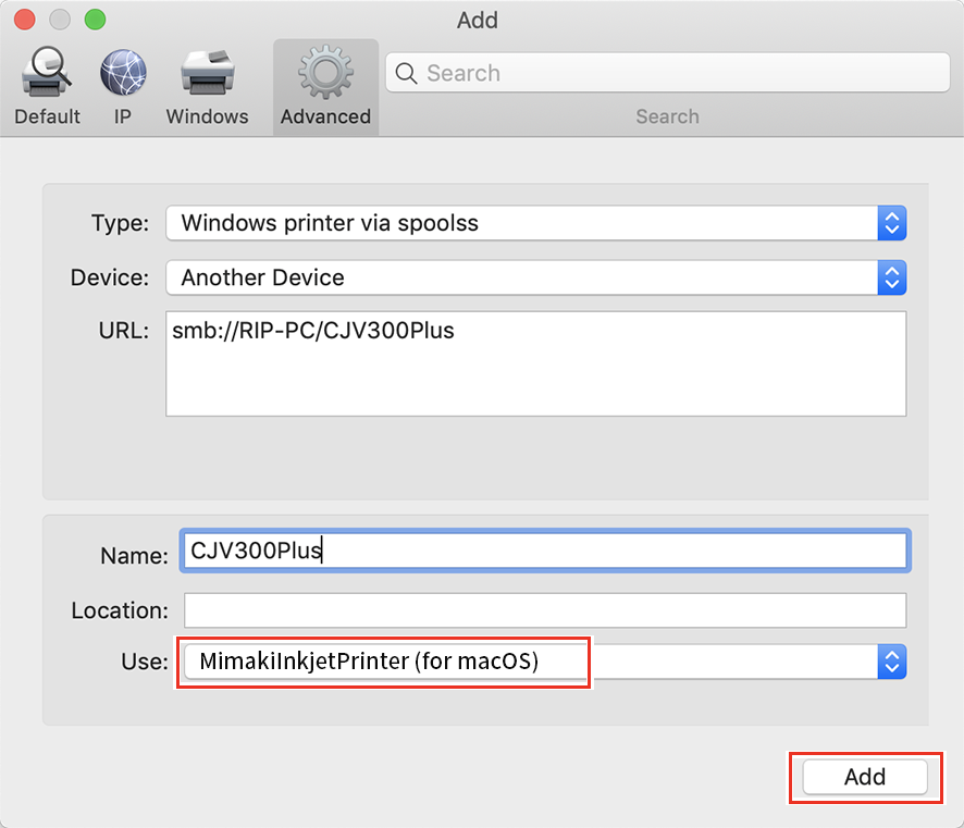 Add Printer screen showing MimakiInkjetPrinter (for macOS) in the driver section