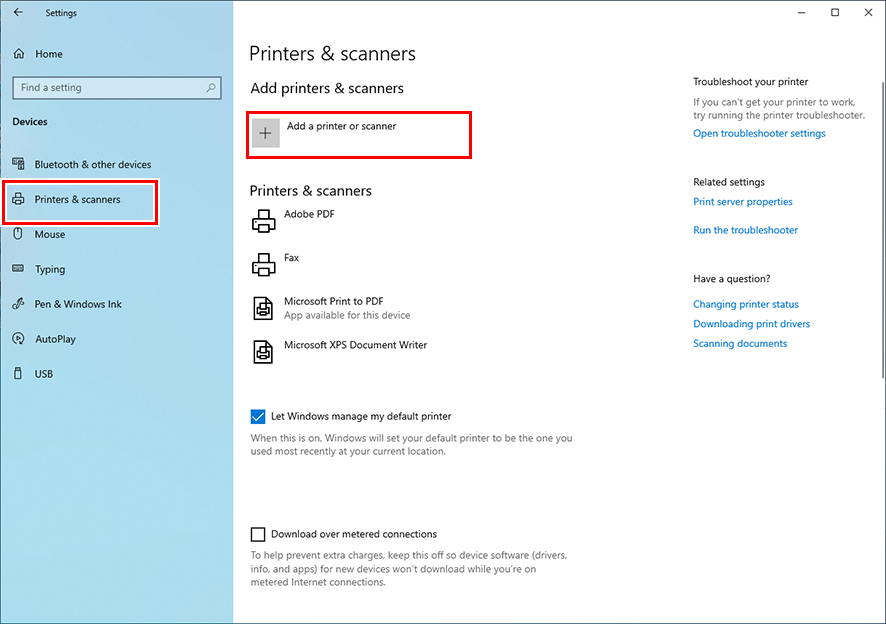 Printers and Scanners screen from the Devices menu in the Settings menu