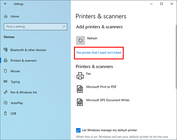 Printers and Scanners screen when "Printer is not listed" is displayed.