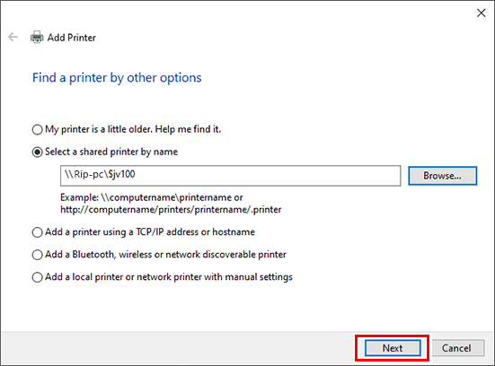 Search for a printer with other options screen