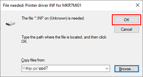 Screen to select INF file