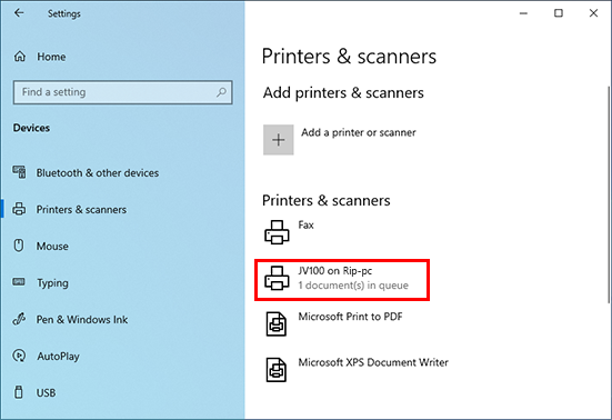 Printer and scanner screen showing the name of the added printer