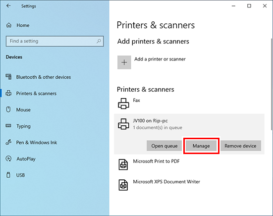 Image with the Manage button under the name of the added printer