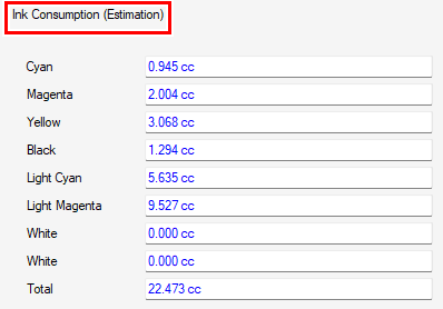 Ink consumption estimation execution result screen