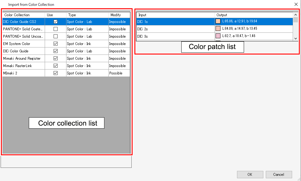 Import from Color Collection screen