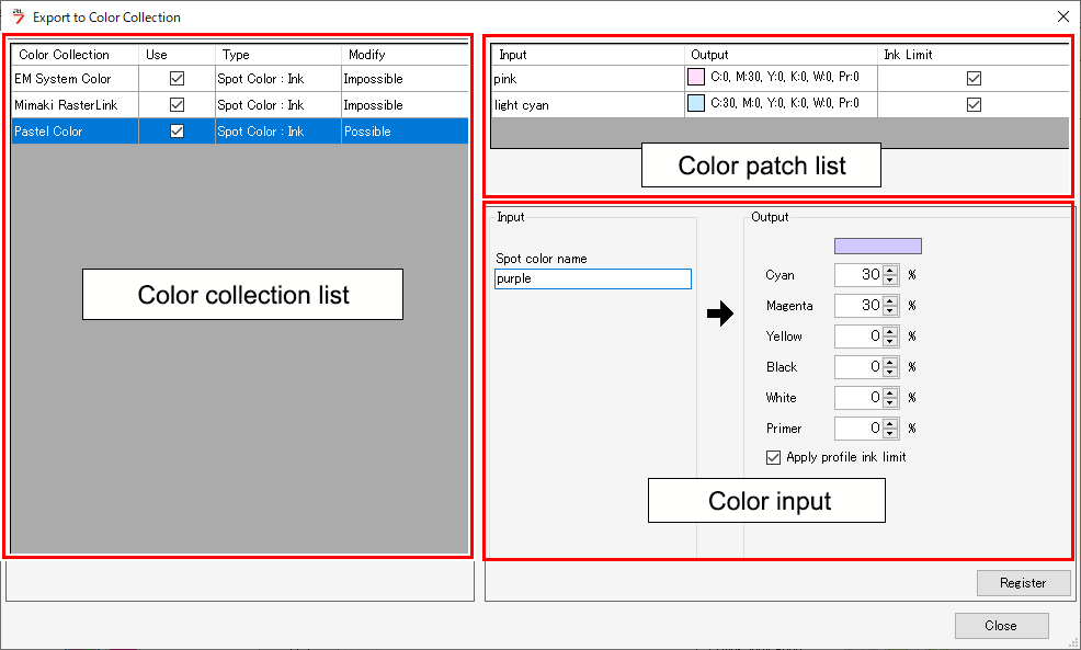 Export to Color Collection screen