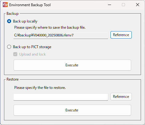 Environment Backup and Restore Dialog