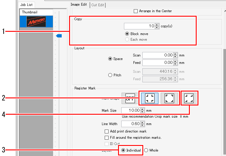 Image Edit tab copying and register mark setting items_