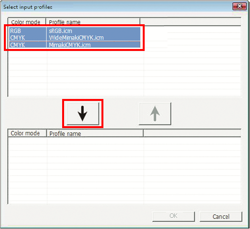 Input profile selection screen for Profile Manager