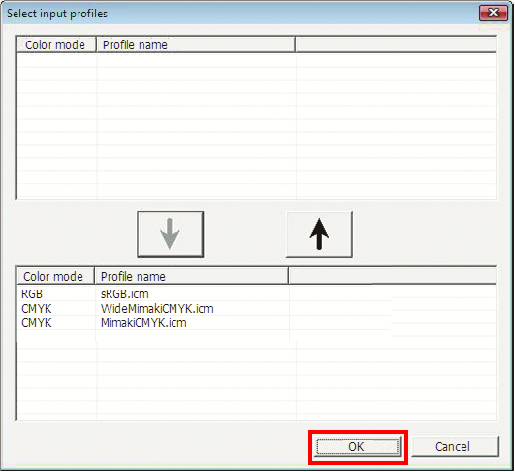 Input profile selection completion screen for Profile Manager