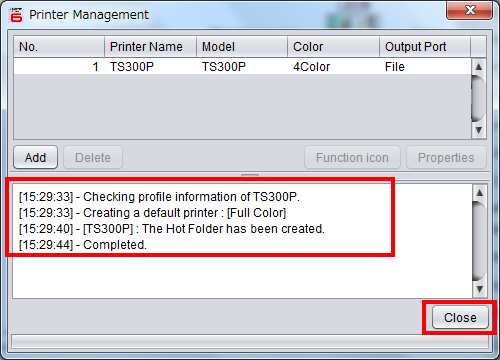 Printer management screen after printer registration is completed