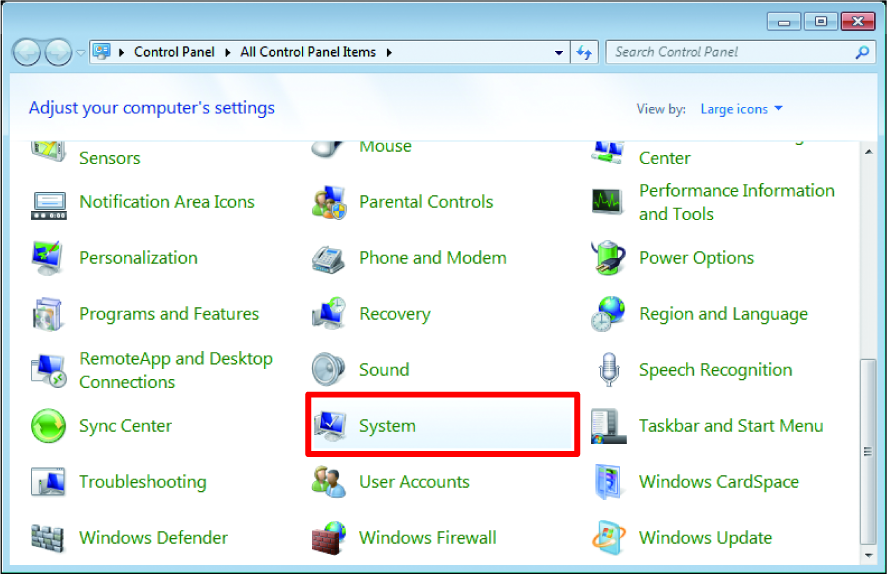 All Control Panel items screen in Windows