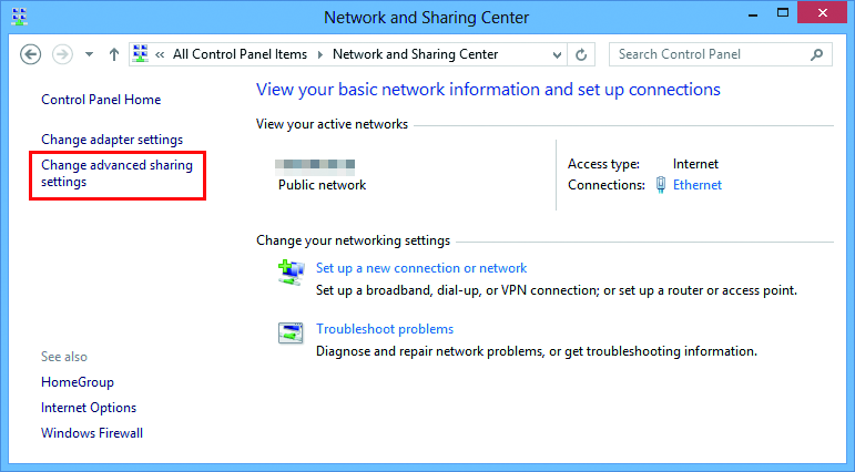 Network and Sharing Center screen