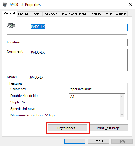 Printer Properties screen