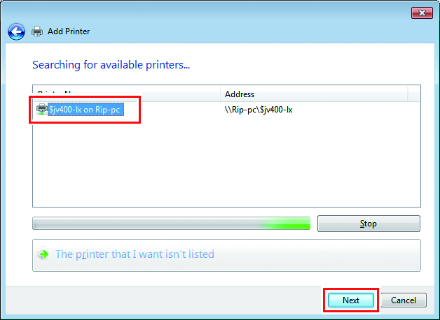 Screen for selecting the printer