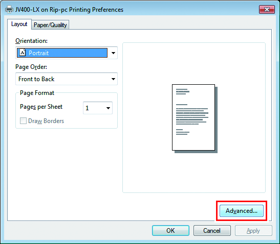 Printer print setting screen