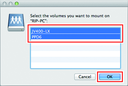 Screen for selecting the volumes to mount