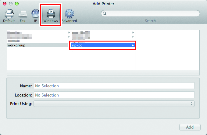 Add Printer screen with Windows selected