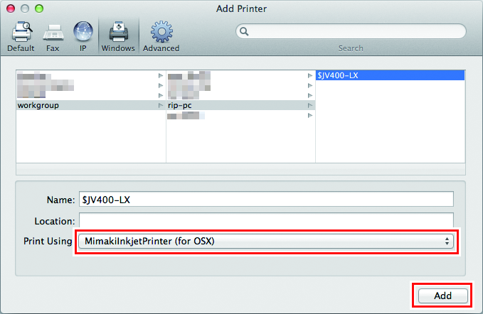 Add Printer screen with MimakiInkjetPrinter (for macOS) listed as the driver for use