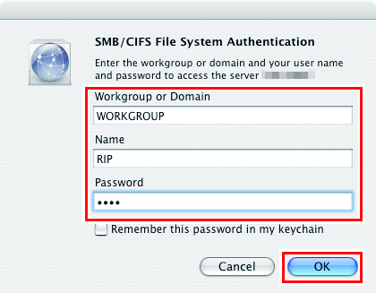 SMB/CIFS File System Authentication screen