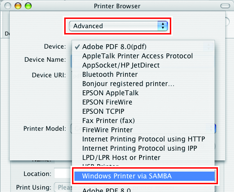 Advanced settings screen for the printer browser, showing the Device menu